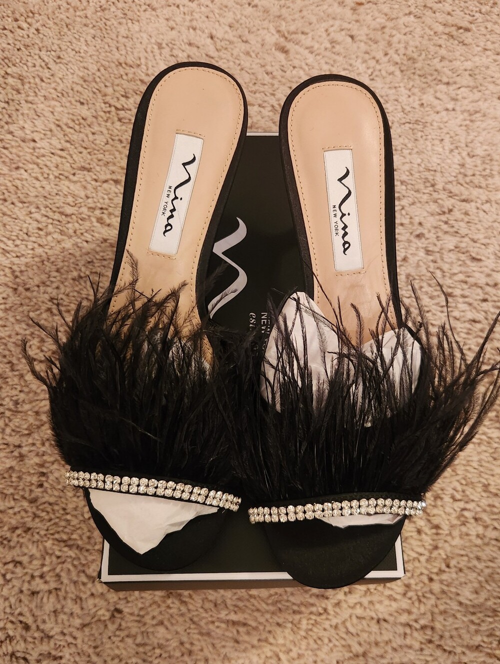 Nina Black Feather & Crystal Slide Sandals Size 6.5 - Picture 3 of 5